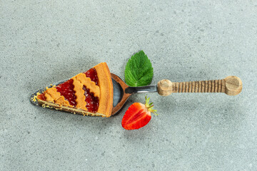Piece of strawberry pie on a light background, banner, menu, recipe place for text, top view