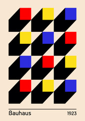 Vector de cartel Bauhaus de cuadrados rojos, azules y amarillos de 1923 para portada, libro, web o imprimir. - obrazy, fototapety, plakaty