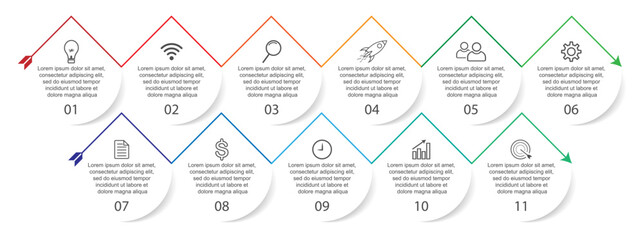 Business Infographic Template Design. Time line minimal concept with 11 options steps and marketing icons. Vector linear infographic with eleven connected elements. Can be used for your business gifts