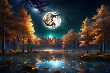 밤하늘에 보름달이 빛나는 영롱한 숲속의 모습