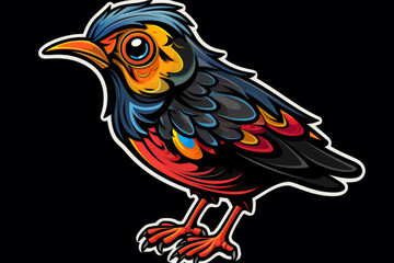 Colorful bird with black background and red beak and legs.