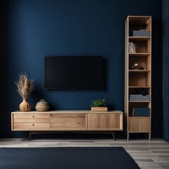 Modern interior of living room with cabinet for tv on dark blue wall background, Generative AI