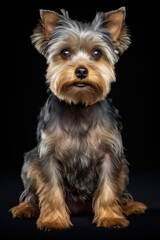 Small dog with yellow collar sitting down on black background.