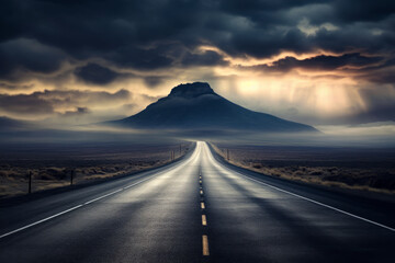 Fototapeta premium Long road with mountain in the background and clouds in the sky.