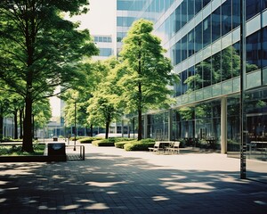 Green oasis in the city. Modern office building with lush trees in the foreground.