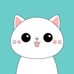 Cute cat face head line contour silhouette icon. Funny kawaii sad doodle animal. Pink cheeks, tongue, ears. Cartoon baby character. Pet collection. Flat design. Blue background.