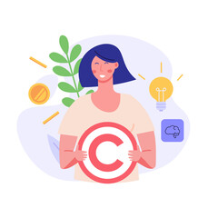 Copyright vector illustration. Concept of intellectual property, copyright, authorship rights. Woman protecting data license. Vector illustration in flat cartoon design for web banner, UI