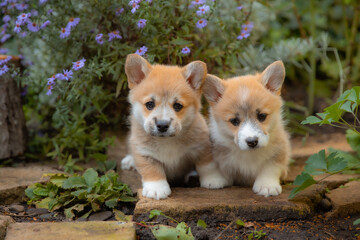 a group of cute Welsh corgi puppies are sitting on a walk in the summer