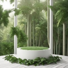 White pedestal in tropical forest for product presentation Behind is a view of the sky, Generative AI