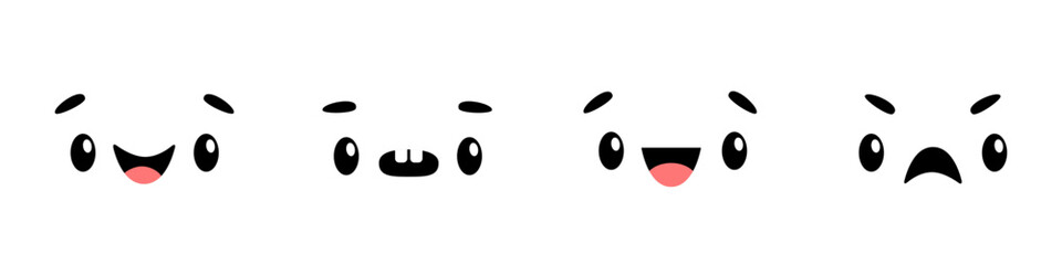 Cute kawaii face emoticons character icon set line. Cartoon funny baby character. Eyes, mouth, tongue, brows. Sad, happy, smiling emotion emoji template. Flat design. Isolated. White background.