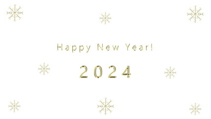 New Year's Wishes Alpha Channel. New Years 2024 message with gold letters and numbers on transparent background with decorative gold snowflakes, PNG format.
