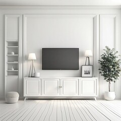 Mock up white color wall in living room decor with a tv cabinet.3d rendering, Generative AI