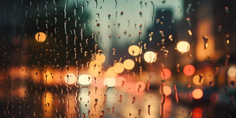Fotobehang Night city autumn rain background window glass reflect Raindrops on a window in the rain  generative AI © Umair