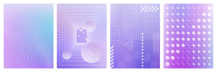 Set of abstract geometric figures contemporary artwork, abstract monochrome vector set posters, cover, invitation inspired brutalism. Flat vector illustration with 3d wireframe models.	