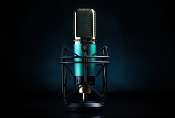 Home studio podcast interior. Microphone close-up.