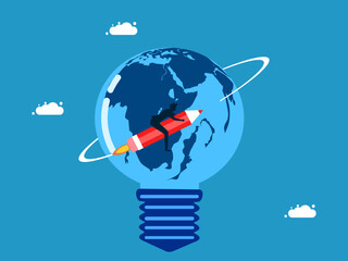 Business around the world. Businessman rides a pencil rocket around the world in the shape of a lightbulb. Vector