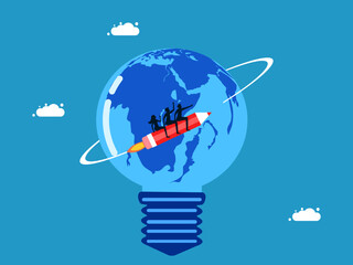 World business. team of businessmen rides a pencil rocket around the world in the shape of a lightbulb. Vector