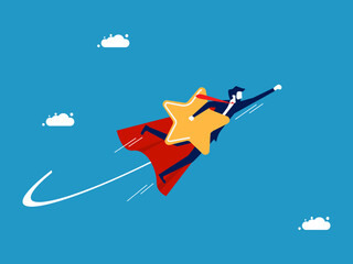 Naklejka na ściany i meble Sustainable success. Businessman hero holding stars flying in the sky. Vector