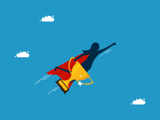 Find victory in yourself. Businesswoman hero holding a trophy soaring in the sky. Vector