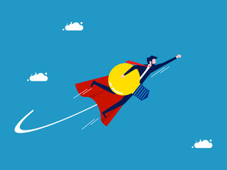 Finding business knowledge. Businessman hero holding a light bulb soars in the sky. Vector