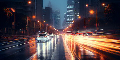 Fototapeta na wymiar A Nighttime Journey Through Blurred City Streets Illuminated by Moving Car Lights generative AI
