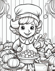 Kawaii Thanksgiving Coloring Page For Kids, Vintage thanksgiving worksheets coloring Book, Black and white vector illustration, Happy thanksgiving day.