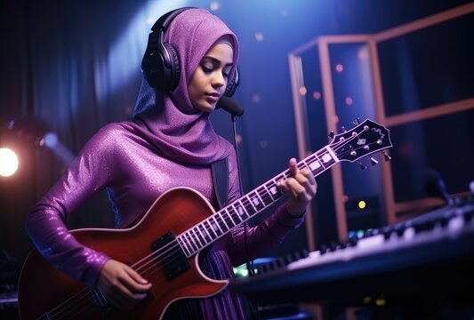 Beautiful Muslim female Musical Artist strumming an Acoustic Guitar