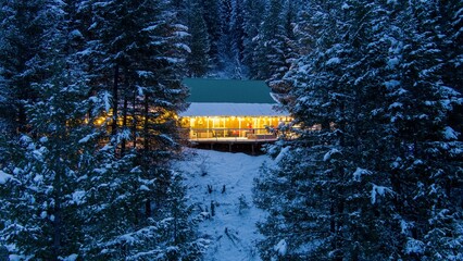 Winter Chalet in the Cascade Mountains at sunset