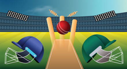 cricket league poster with wicket ball helmet on stadium vector - obrazy, fototapety, plakaty