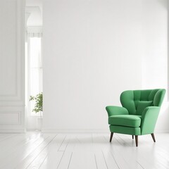 Fototapeta na wymiar White minimalist interior living room has a green armchair on empty white color wall background, Generative AI