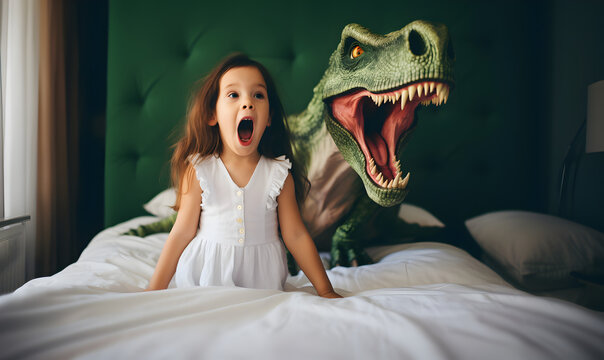 petite fille effrayée par un dinosaure dans son lit