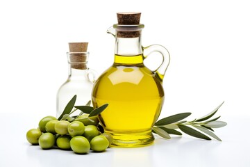 Olive branch and olive oil bottle isolated on white background