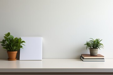 White shelf with a potted plant against a white concrete wall. Interior. Generated by artificial intelligence