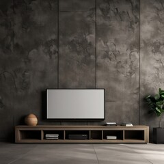 Cabinet for tv in living room interior wall mockup on dark concrete wall, Generative AI