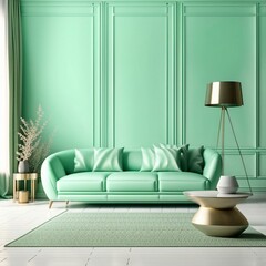 Modern living room mockup with mint green sofa, armchair and luxury living room interior background, Generative AI