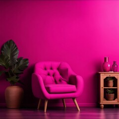 Viva magenta wall background mockup with armchair furniture and decor, Generative AI