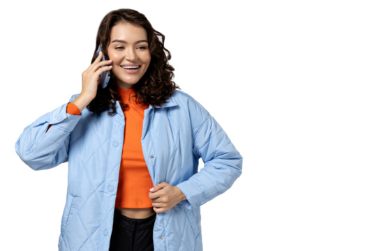 PNG, girl talking on the phone, isolated on white background.