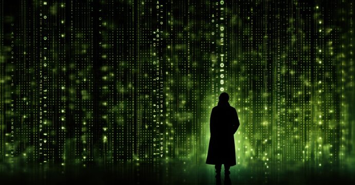 Silhouette of a spy figure against a backdrop of cascading matrix binary code