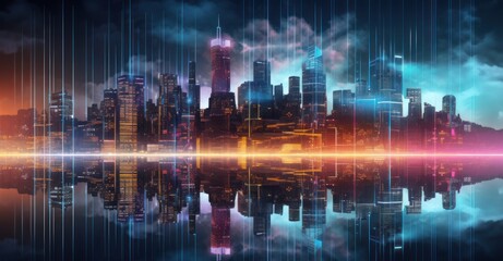 digital city skyline with firewall barriers, emphasizing urban cybersecurity measures