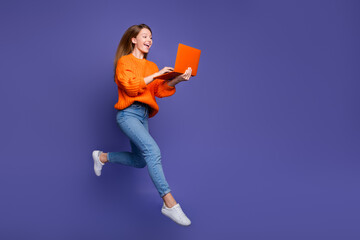 Full body photo of runner hurry up teenage girl bring her computer from university to end her...