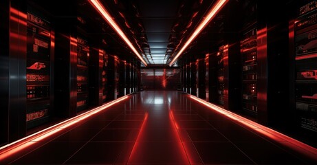 Dramatic capture of a server room with red alert lights indicating a breach - obrazy, fototapety, plakaty
