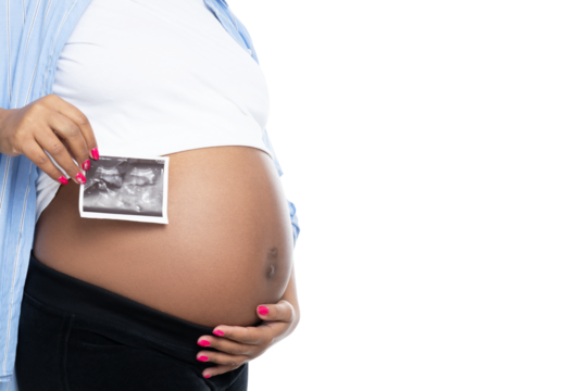 PNG, pregnant woman, African-American ethnicity, belly, close-up, isolated on white background.