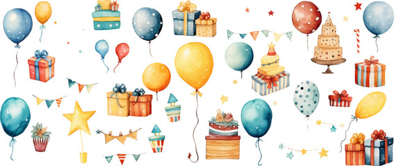 Set cute childish celebration vector illustrations drawn in watercolor on white background