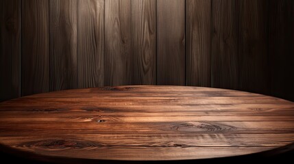 An image of an empty wooden tabletop with a beautifully blurred background.