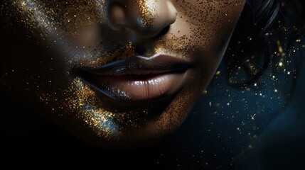 Close-up image of a girl's face with glitter on a dark background.
