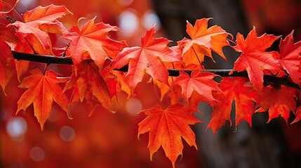 Close-up of bright and colorful maple leaves on a tree branch.