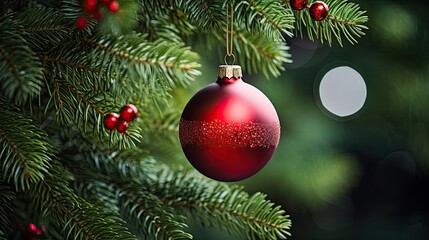 Obraz na płótnie Canvas Image of a big red Christmas ball hanging among fresh fir branches.
