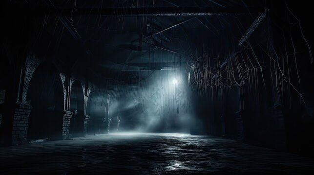 An image of a spider's web against the backdrop of a dimly lit room.