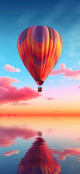 Hot Air Balloon Floating Through Vibrant Sunset Sky