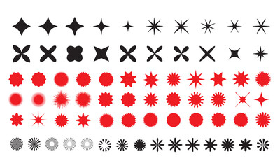Set of red starburst. Price sticker, Stars collection. Sale sticker, starburst, quality mark, retro stars, sale or discount sticker, sunburst badges, sun ray frames, promotional badge set, Modern elem